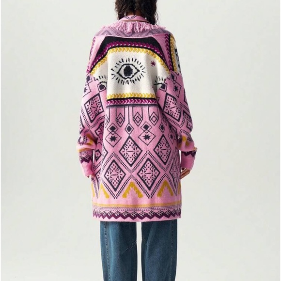 Luxe Boho Abstract Aztec Print Fringe Open Front Knit Sweater Cardigan Pink - Picture 3 of 6